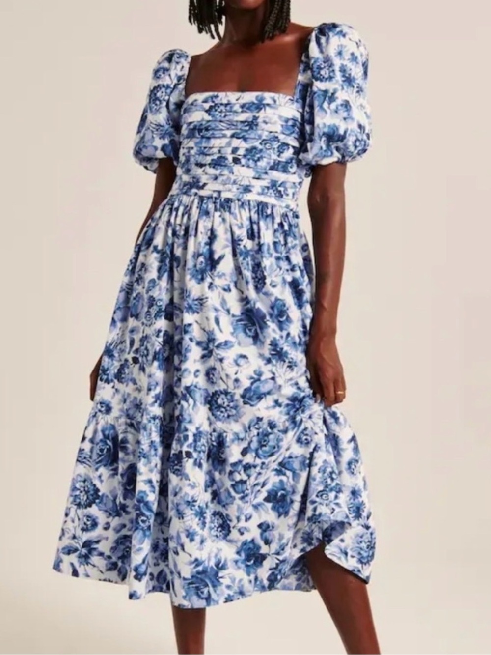 Abercrombie & Fitch Blue and White Floral Puff-Sleeve Midi Dress